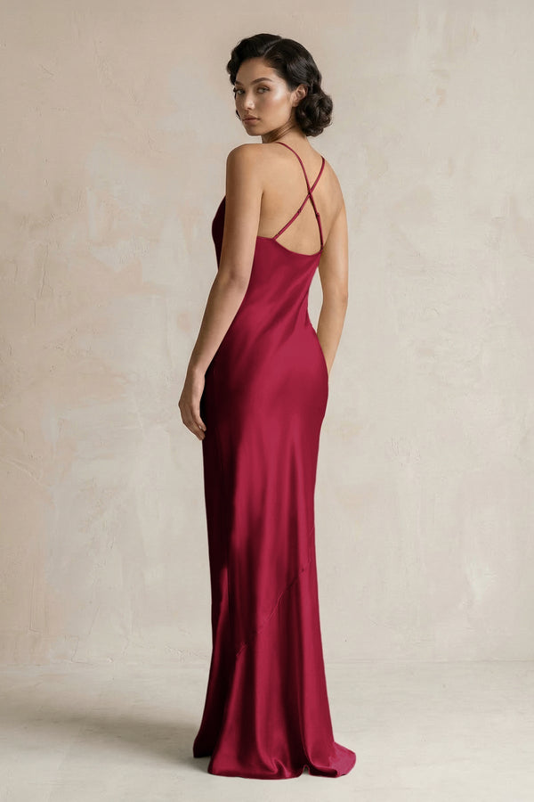 Cami Strap Sheath Satin Bridesmaid Dress in Berry - KissProm Bridesmaid Dresses