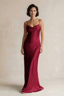 Cami Strap Sheath Satin Bridesmaid Dress in Berry - KissProm Bridesmaid Dresses