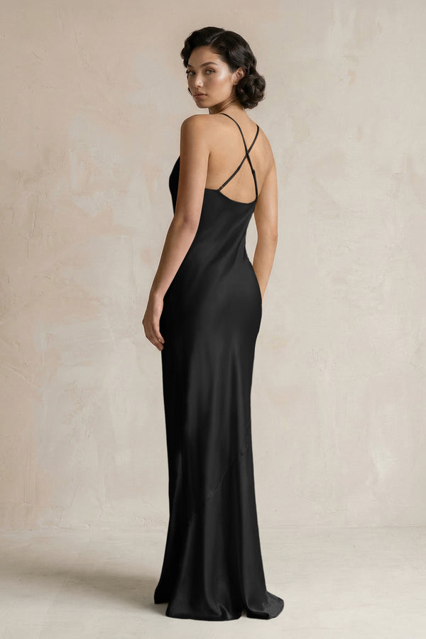 Cami Strap Sheath Satin Bridesmaid Dress in Black - KissProm Bridesmaid Dresses