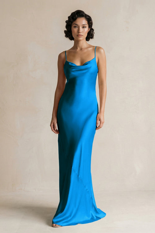 Cami Strap Sheath Satin Bridesmaid Dress in Blue Jay - KissProm Bridesmaid Dresses