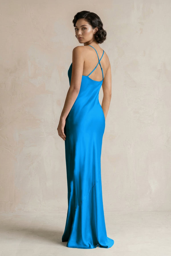 Cami Strap Sheath Satin Bridesmaid Dress in Blue Jay - KissProm Bridesmaid Dresses