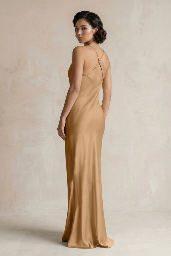Cami Strap Sheath Satin Bridesmaid Dress in Bronzer - KissProm Bridesmaid Dresses
