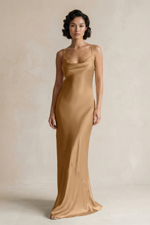 Cami Strap Sheath Satin Bridesmaid Dress in Bronzer - KissProm Bridesmaid Dresses