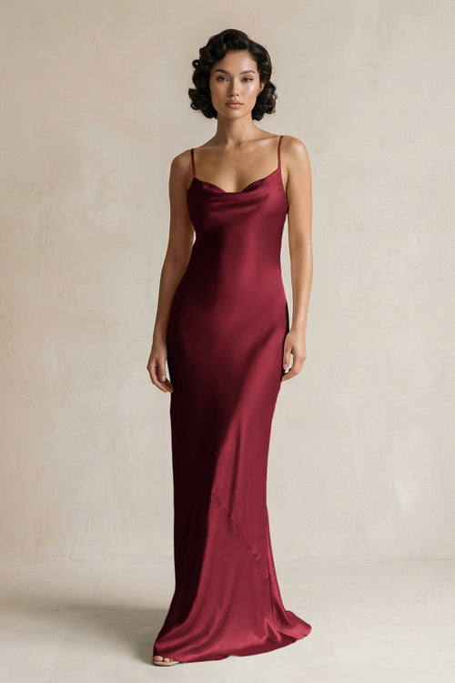 Cami Strap Sheath Satin Bridesmaid Dress in Burgundy - KissProm Bridesmaid Dresses