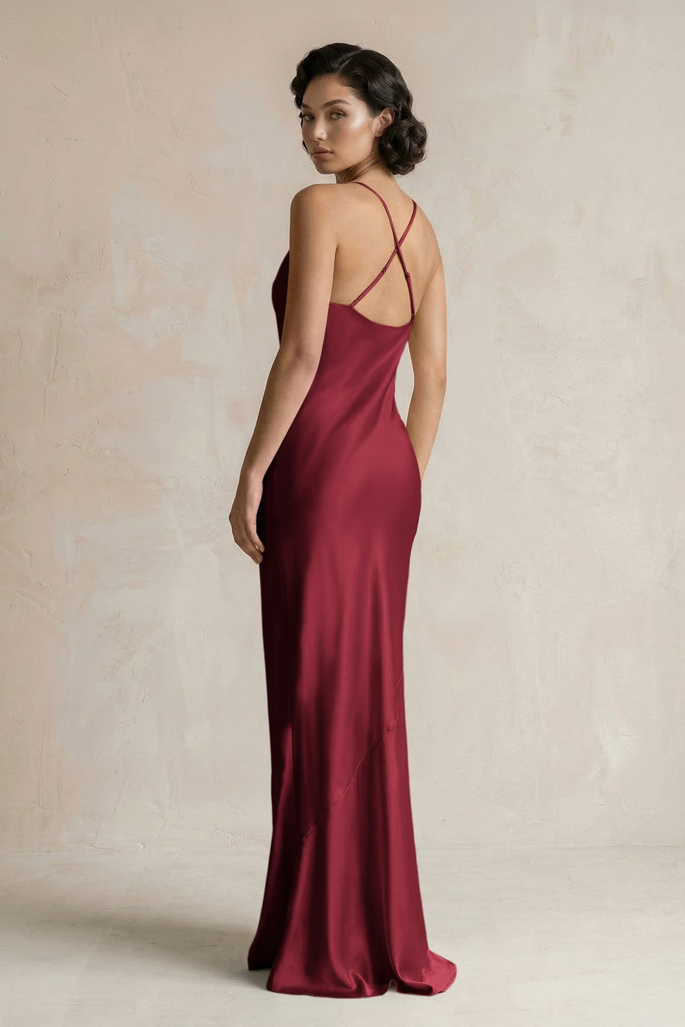 Cami Strap Sheath Satin Bridesmaid Dress in Burgundy - KissProm Bridesmaid Dresses