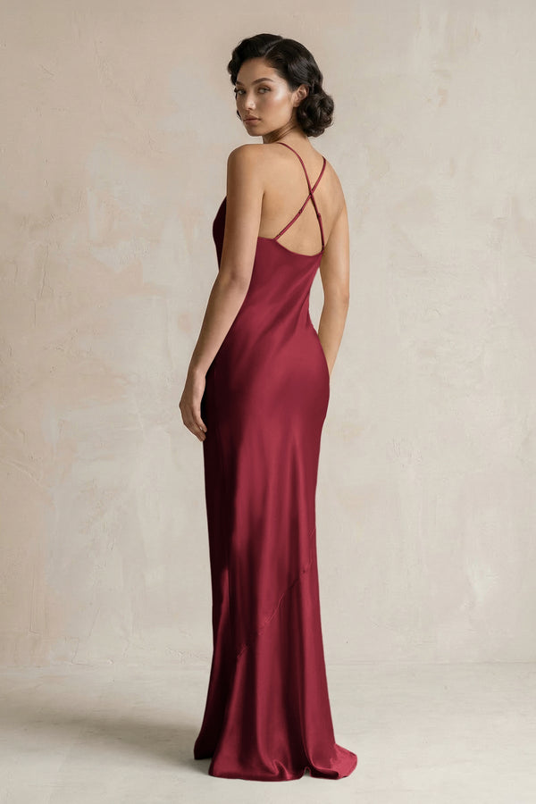 Cami Strap Sheath Satin Bridesmaid Dress in Burgundy - KissProm Bridesmaid Dresses