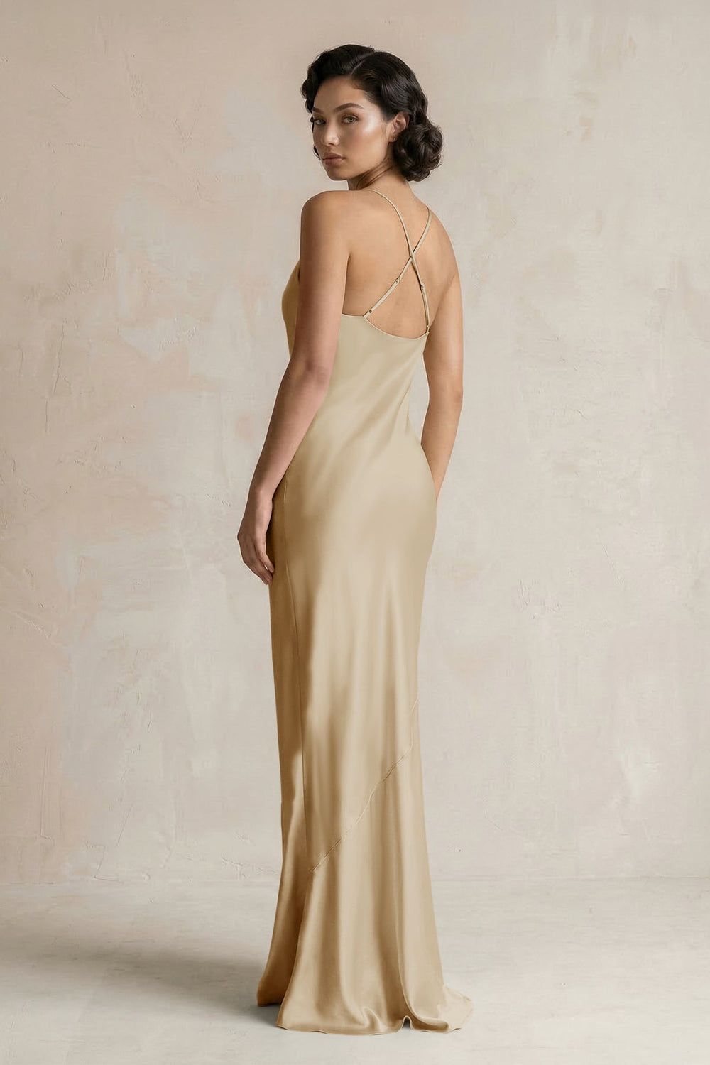 Cami Strap Sheath Satin Bridesmaid Dress in Champagne - KissProm Bridesmaid Dresses