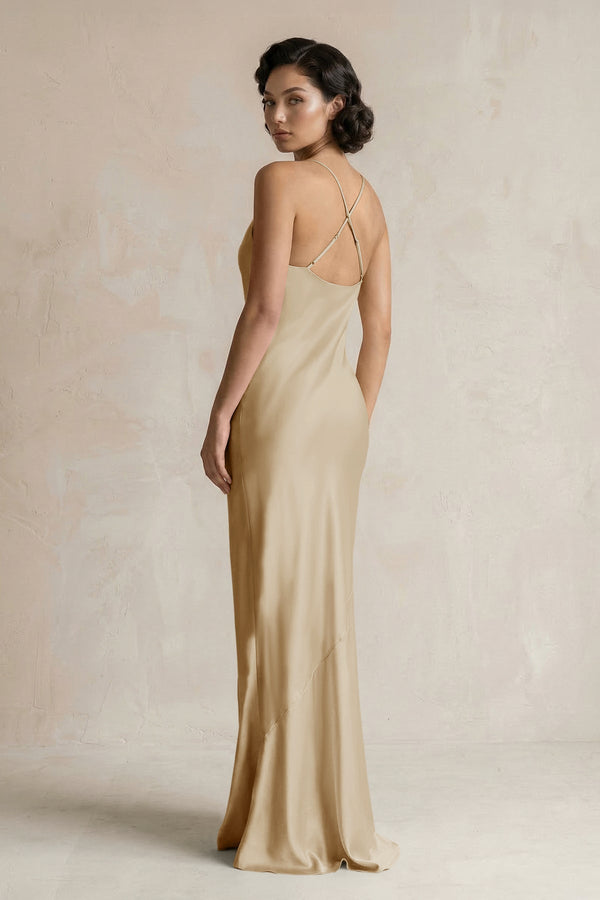 Cami Strap Sheath Satin Bridesmaid Dress in Champagne - KissProm Bridesmaid Dresses