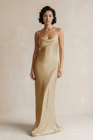 Cami Strap Sheath Satin Bridesmaid Dress in Champagne - KissProm Bridesmaid Dresses