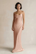 Cami Strap Sheath Satin Bridesmaid Dress in Champagne Rose - KissProm Bridesmaid Dresses
