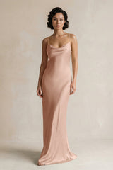 Cami Strap Sheath Satin Bridesmaid Dress in Champagne Rose - KissProm Bridesmaid Dresses