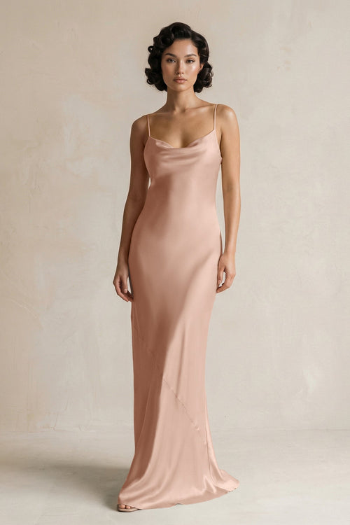 Cami Strap Sheath Satin Bridesmaid Dress in Champagne Rose - KissProm Bridesmaid Dresses