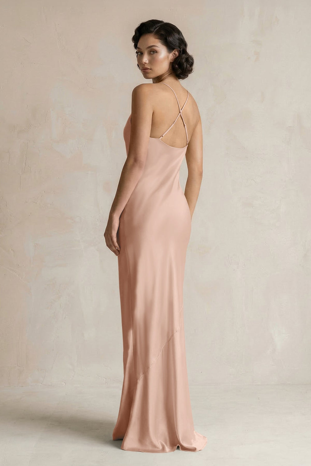 Cami Strap Sheath Satin Bridesmaid Dress in Champagne Rose - KissProm Bridesmaid Dresses