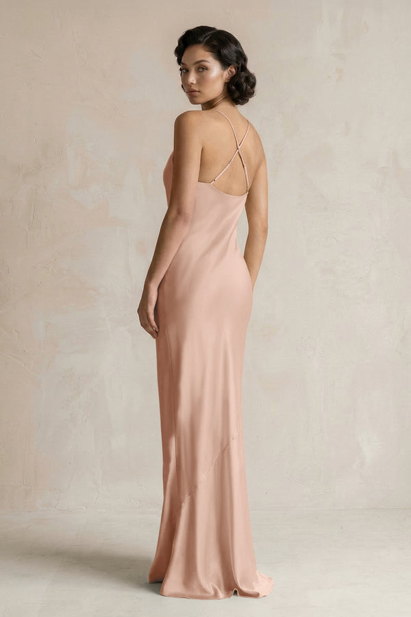 Cami Strap Sheath Satin Bridesmaid Dress in Champagne Rose - KissProm Bridesmaid Dresses