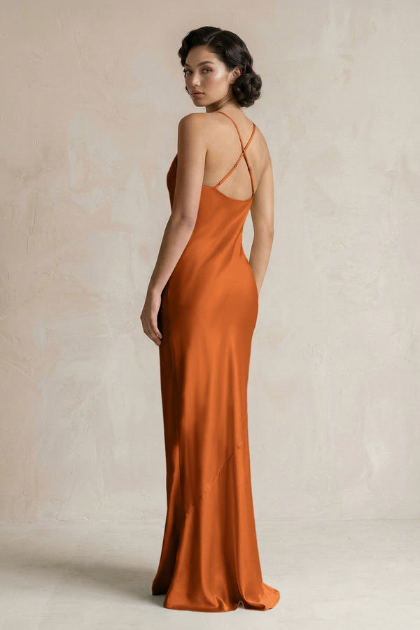 Cami Strap Sheath Satin Bridesmaid Dress in Cinnamon - KissProm Bridesmaid Dresses