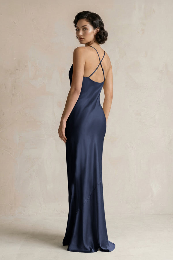 Cami Strap Sheath Satin Bridesmaid Dress in Dark Navy - KissProm Bridesmaid Dresses