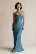 Cami Strap Sheath Satin Bridesmaid Dress in Dark Teal - KissProm Bridesmaid Dresses