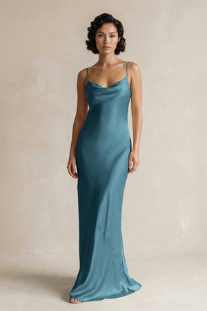Cami Strap Sheath Satin Bridesmaid Dress in Dark Teal - KissProm Bridesmaid Dresses