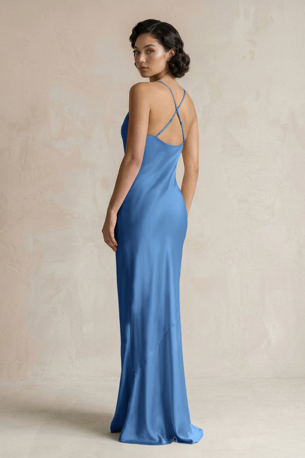 Cami Strap Sheath Satin Bridesmaid Dress in Dusty Blue - KissProm Bridesmaid Dresses