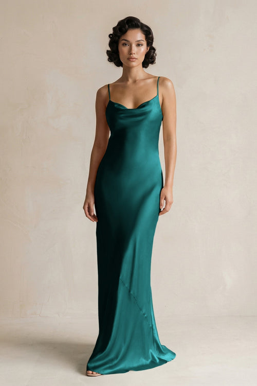Cami Strap Sheath Satin Bridesmaid Dress in Emerald - KissProm Bridesmaid Dresses