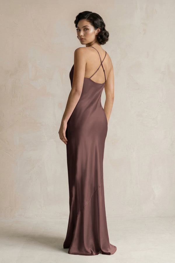 Cami Strap Sheath Satin Bridesmaid Dress in Espresso - KissProm Bridesmaid Dresses