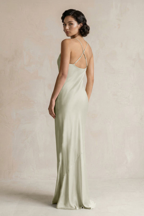 Cami Strap Sheath Satin Bridesmaid Dress in Frost - KissProm Bridesmaid Dresses