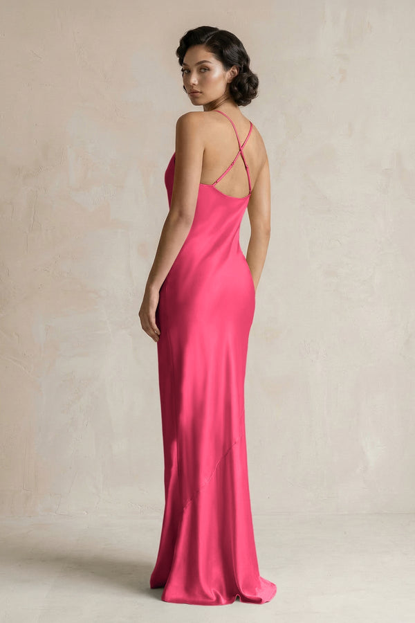 Cami Strap Sheath Satin Bridesmaid Dress in Fuchsia - KissProm Bridesmaid Dresses