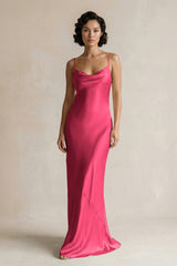 Cami Strap Sheath Satin Bridesmaid Dress in Fuchsia - KissProm Bridesmaid Dresses