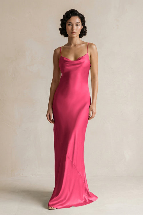 Cami Strap Sheath Satin Bridesmaid Dress in Fuchsia - KissProm Bridesmaid Dresses