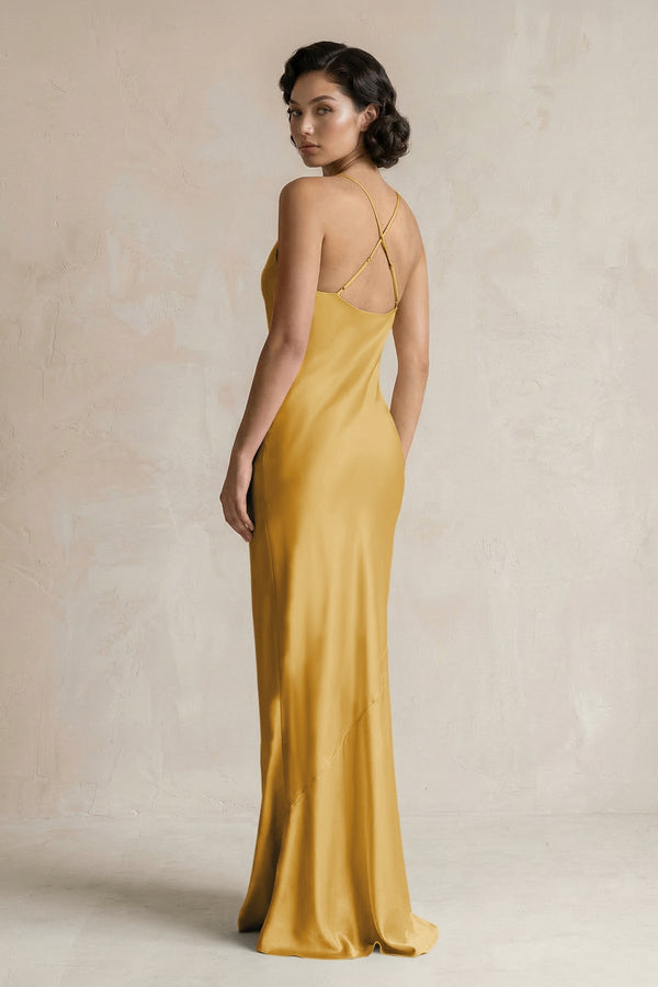 Cami Strap Sheath Satin Bridesmaid Dress in Gold - KissProm Bridesmaid Dresses