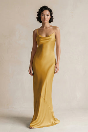 Cami Strap Sheath Satin Bridesmaid Dress in Gold - KissProm Bridesmaid Dresses
