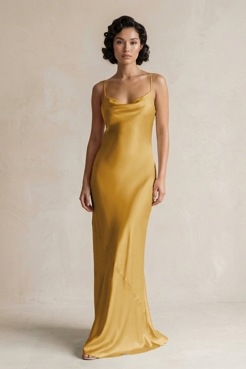 Cami Strap Sheath Satin Bridesmaid Dress in Gold - KissProm Bridesmaid Dresses