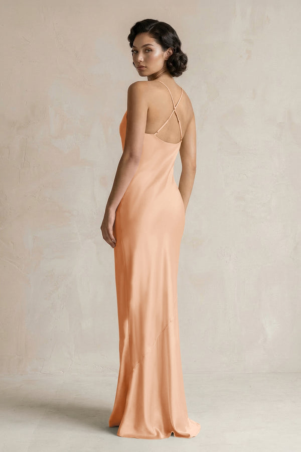 Cami Strap Sheath Satin Bridesmaid Dress in Golden Champagne - KissProm Bridesmaid Dresses