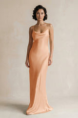 Cami Strap Sheath Satin Bridesmaid Dress in Golden Champagne - KissProm Bridesmaid Dresses