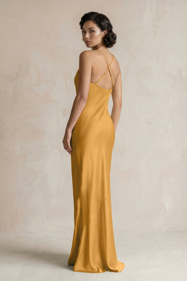 Cami Strap Sheath Satin Bridesmaid Dress in Marigold - KissProm Bridesmaid Dresses