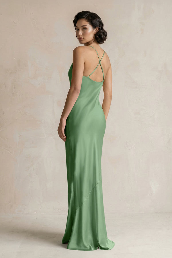 Cami Strap Sheath Satin Bridesmaid Dress in Matcha - KissProm Bridesmaid Dresses