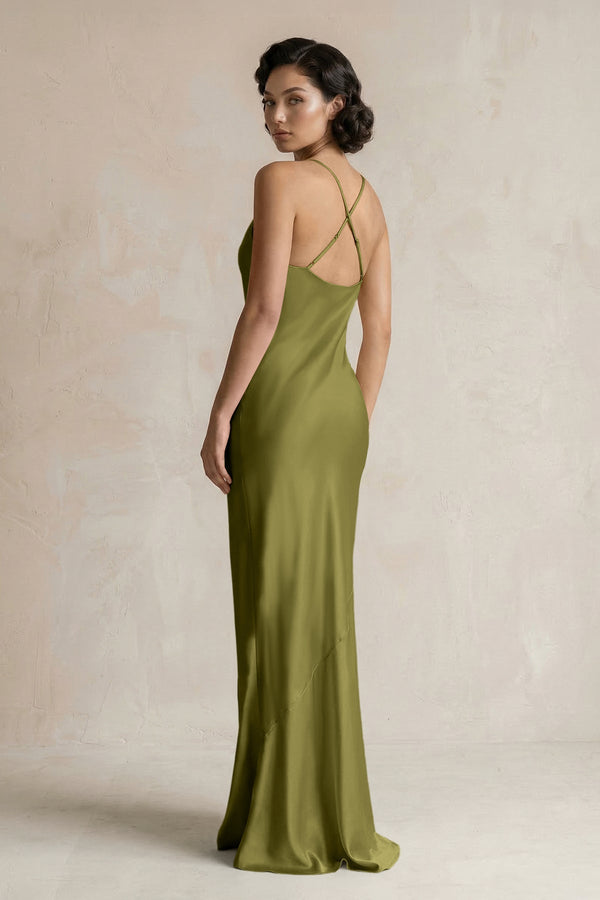 Cami Strap Sheath Satin Bridesmaid Dress in Moss Green - KissProm Bridesmaid Dresses