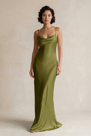 Cami Strap Sheath Satin Bridesmaid Dress in Moss Green - KissProm Bridesmaid Dresses