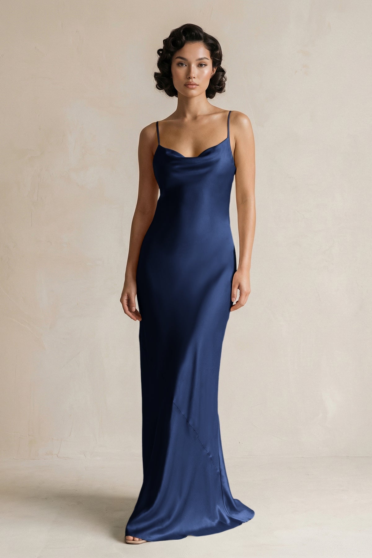 KissProm Cami Strap Sheath Satin Bridesmaid Dress in Navy, Navy / 30