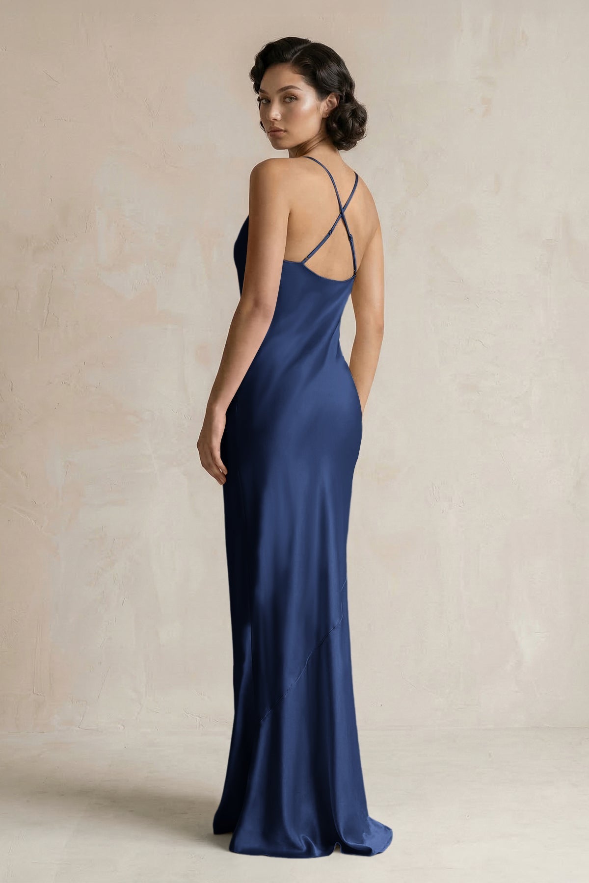 KissProm Cami Strap Sheath Satin Bridesmaid Dress in Navy, Navy / 30