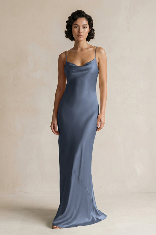 Cami Strap Sheath Satin Bridesmaid Dress in Neptune - KissProm Bridesmaid Dresses