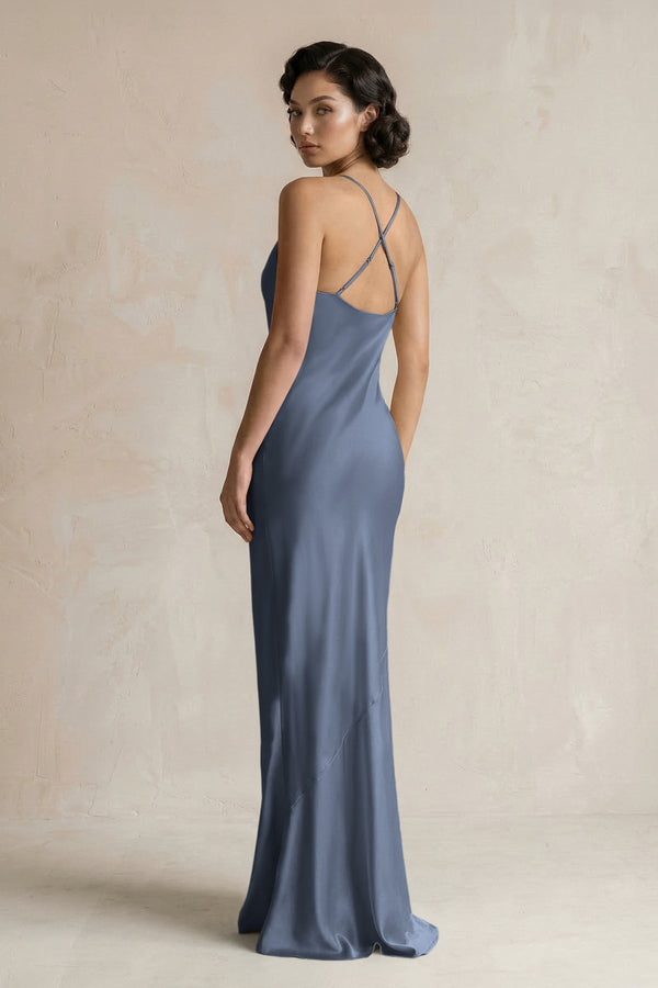 Cami Strap Sheath Satin Bridesmaid Dress in Neptune - KissProm Bridesmaid Dresses