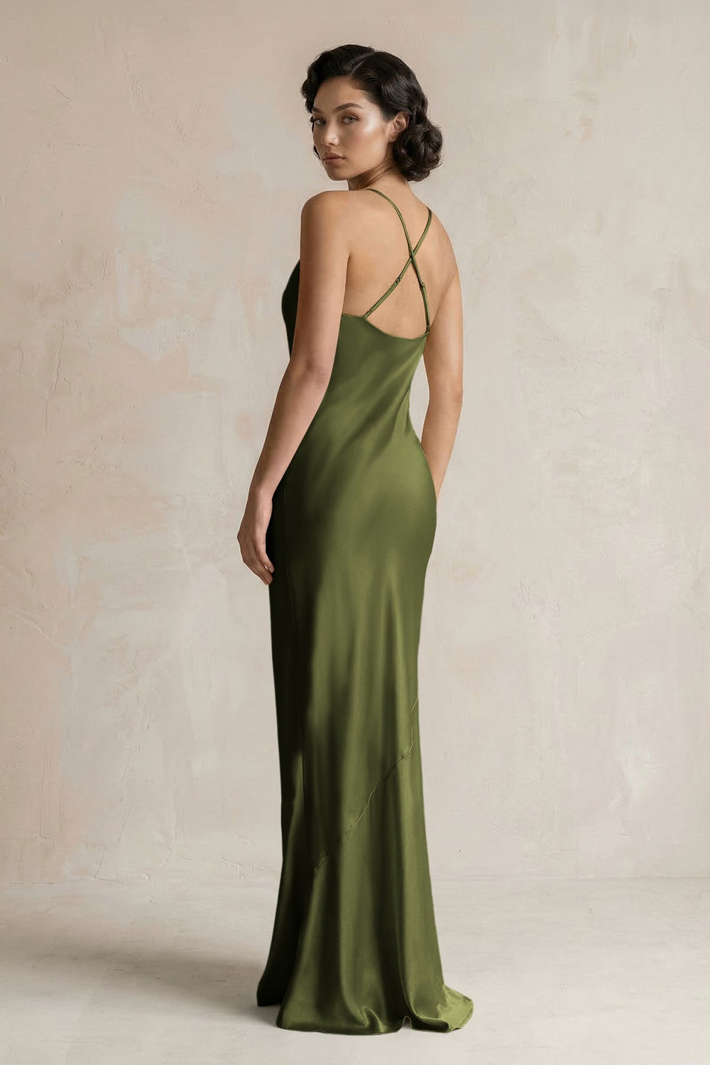 Cami Strap Sheath Satin Bridesmaid Dress in Olive - KissProm Bridesmaid Dresses