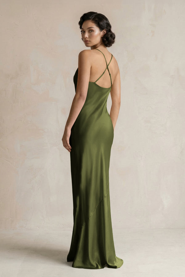 Cami Strap Sheath Satin Bridesmaid Dress in Olive - KissProm Bridesmaid Dresses