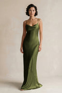 Cami Strap Sheath Satin Bridesmaid Dress in Olive - KissProm Bridesmaid Dresses