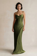Cami Strap Sheath Satin Bridesmaid Dress in Olive - KissProm Bridesmaid Dresses