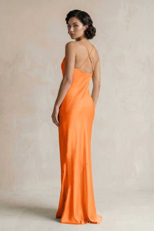 Cami Strap Sheath Satin Bridesmaid Dress in Orange - KissProm Bridesmaid Dresses