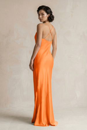 Cami Strap Sheath Satin Bridesmaid Dress in Orange - KissProm Bridesmaid Dresses