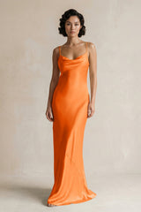 Cami Strap Sheath Satin Bridesmaid Dress in Orange - KissProm Bridesmaid Dresses