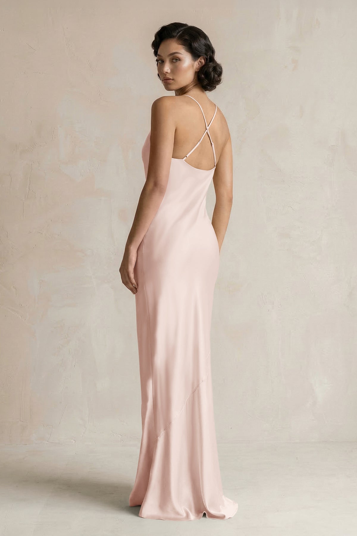 KissProm Cami Strap Sheath Satin Bridesmaid Dress in Pale Blush, Pale Blush / 8
